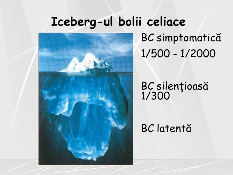 Iceberg-ul bolii celiace BC simptomatică 1/500 - 1/2000  BC silenţioasă 1/300  BC